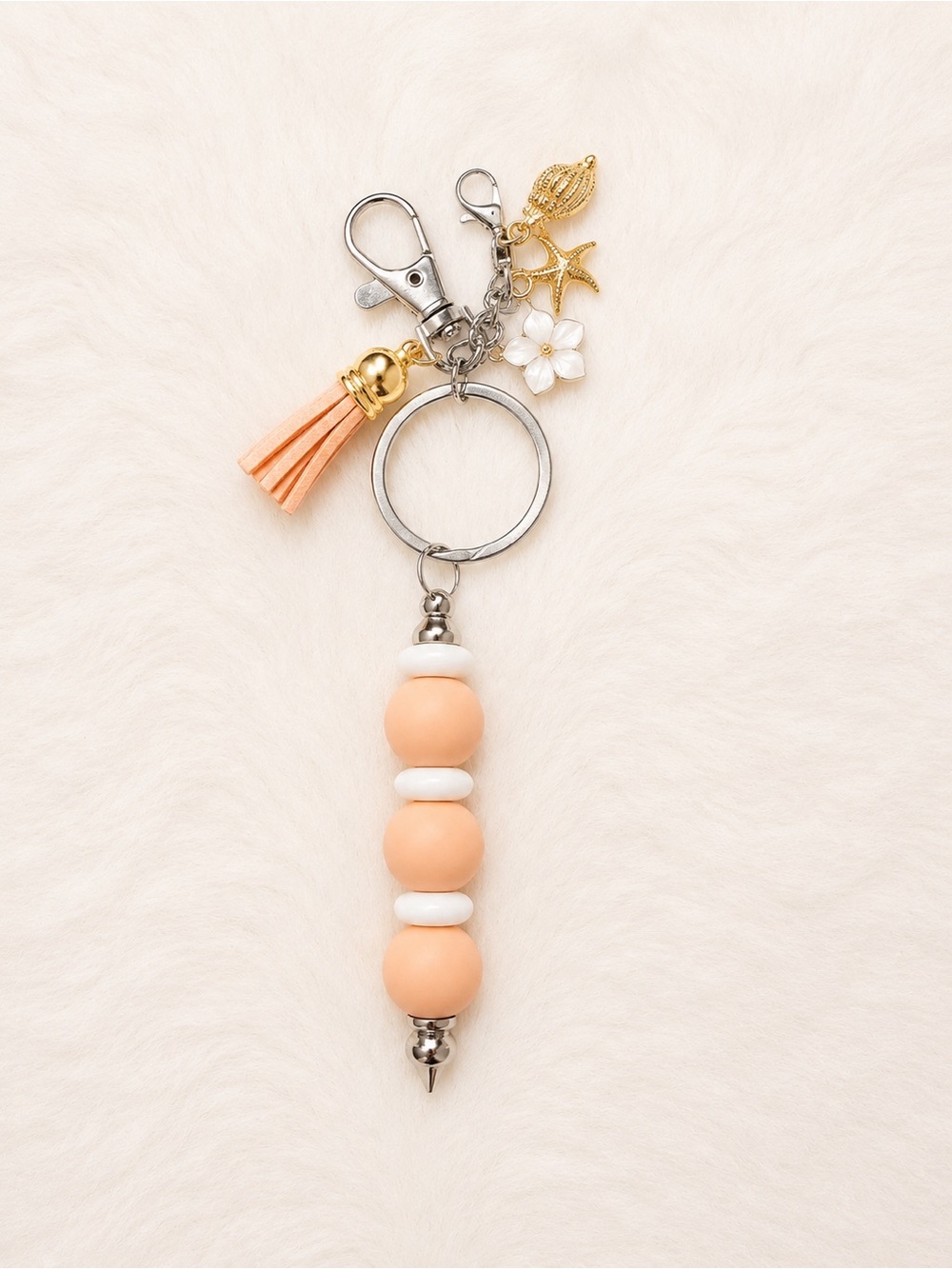 Peach Bead Tassel Keychain with Shell Charms